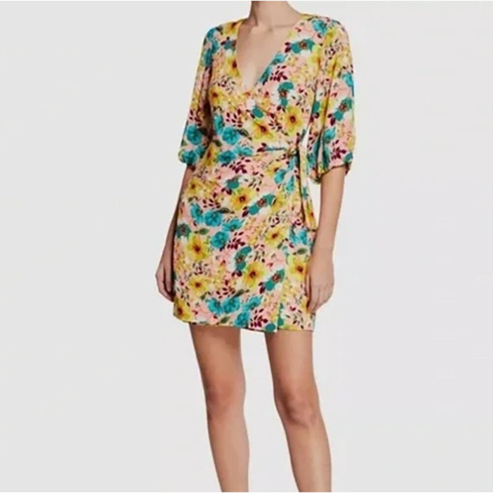 NWT $225 Aidan Mattox Peach Floral Printed Faux Wrap Cocktail Summer Dress 2 XS - Picture 2 of 8